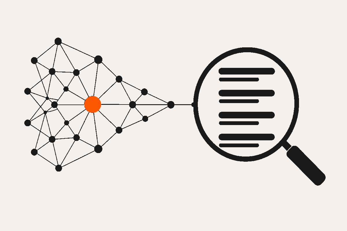 Abstract diagram of a neural network of connected nodes funneling into a magnifying lens over ranked search result bars