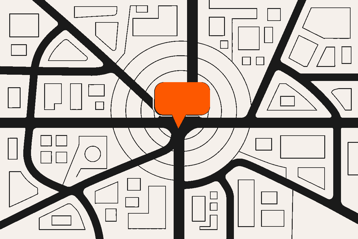 Abstract street map with a speech-bubble-shaped map pin planted at an intersection, signal rings radiating outward
