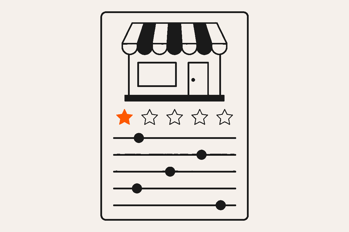 Abstract business profile panel with a storefront icon, a row of rating stars, and slider toggles being tuned