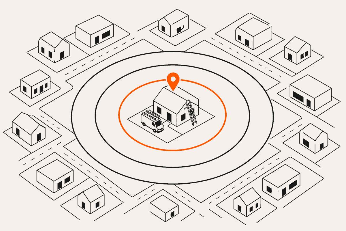 Isometric line drawing of a house with a service van in the driveway and an orange map pin above it, set in a neighborhood street grid
