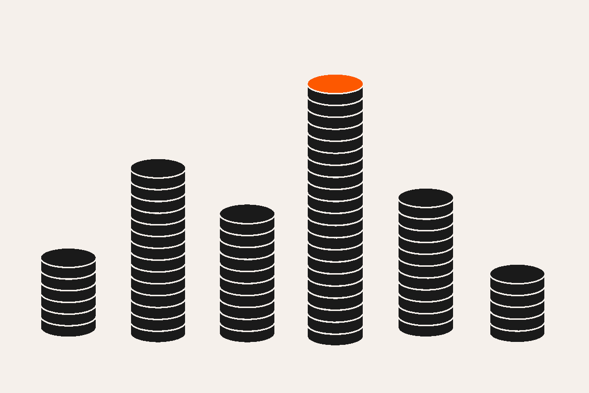 Abstract illustration of coin-disc columns at different heights like auction bids, the tallest topped with a single orange disc