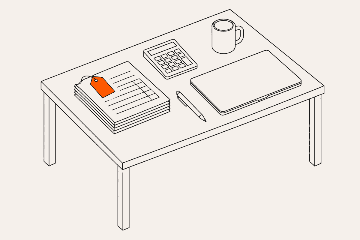 Isometric line drawing of a desk with a stack of invoices, a calculator, a closed laptop, a coffee mug and a pen, with one orange price tag resting on the invoices