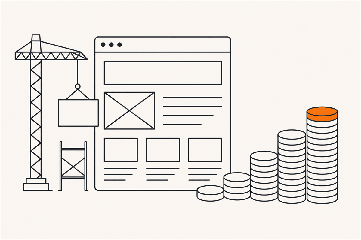 Abstract illustration of a crane assembling a wireframe browser window beside rising stacks of coins