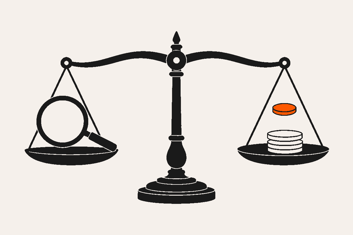 Abstract balance scale weighing a magnifying glass against a stack of coins, one orange coin above the pan