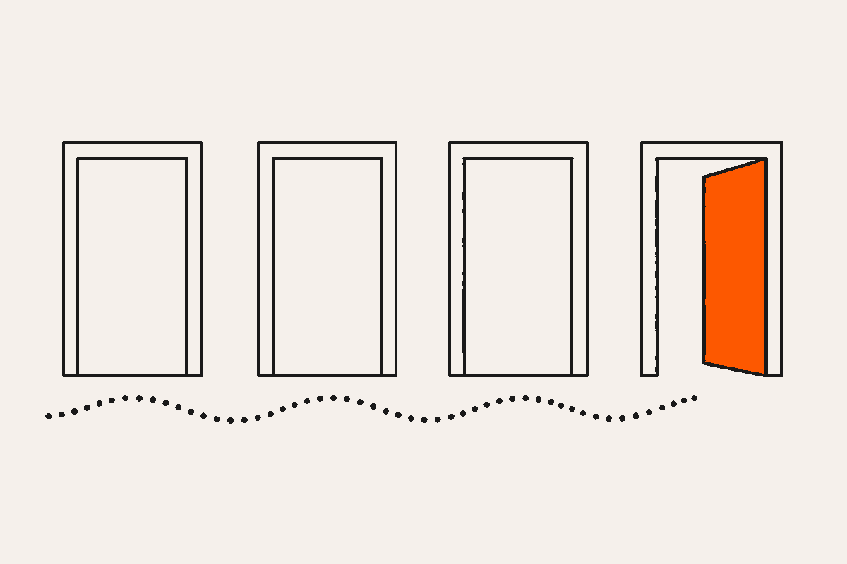 Abstract row of identical doorways with a dotted path winding to one open orange door