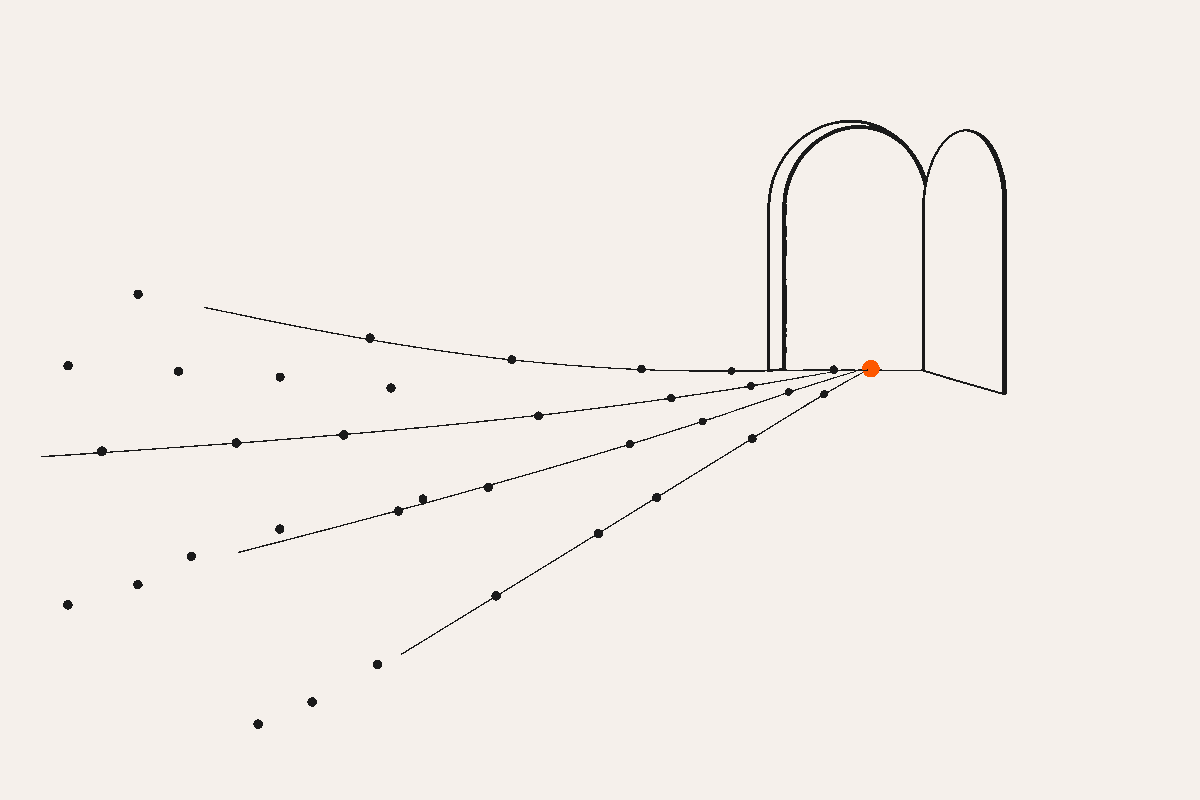 Abstract illustration of scattered dots converging along thin paths toward an open doorway, the lead dot in orange