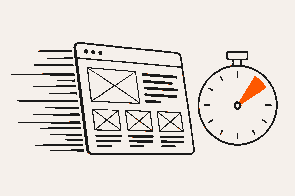 Abstract browser window with motion streaks beside a stopwatch dial with an orange sweeping needle