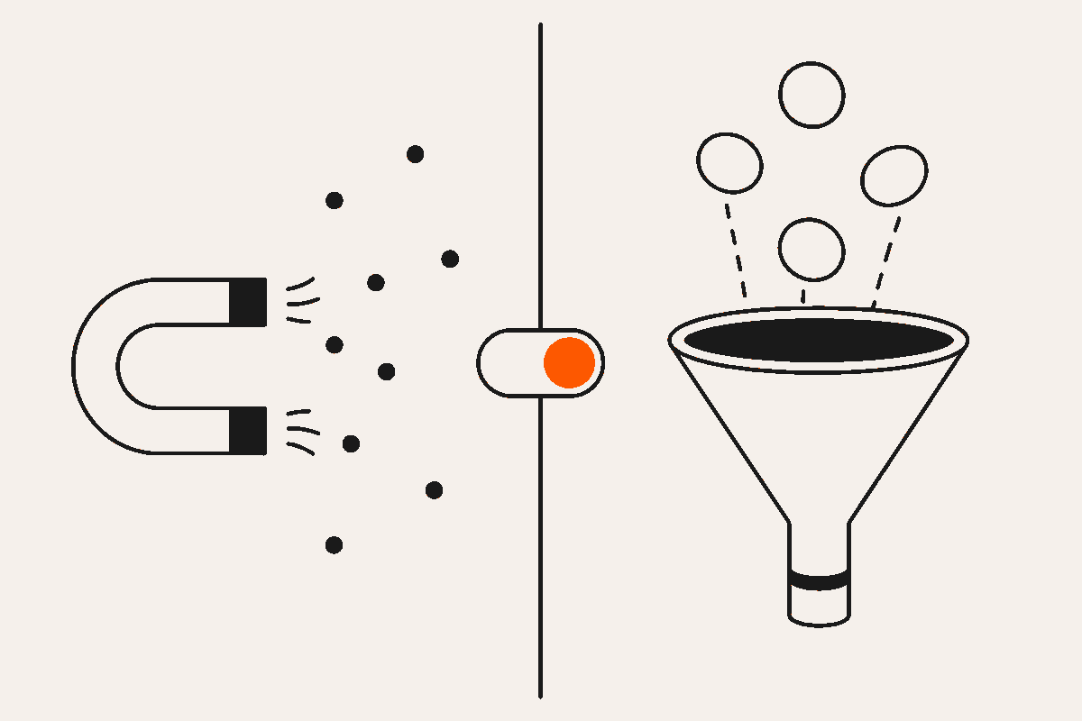 Split diagram of a magnet attracting dots on one side and coins dropping into a funnel on the other, with an orange toggle between them