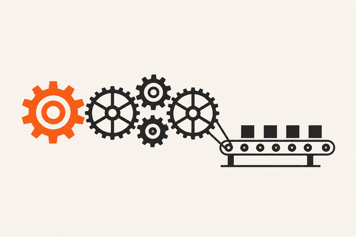 Abstract illustration of interlocking gears driving a conveyor line of small squares, powered by one orange gear