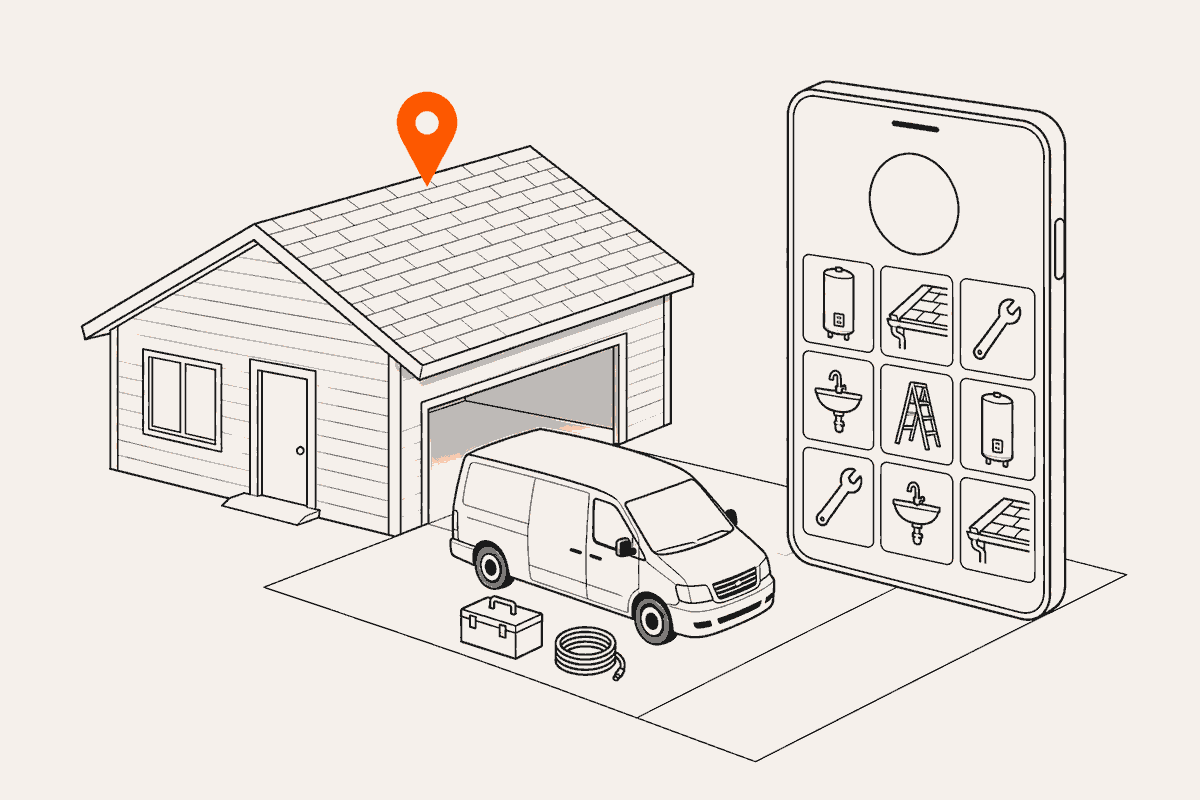 Isometric line drawing of a small house with a service van in the driveway, a large phone showing a grid of job photos, and one orange map pin above the roof.