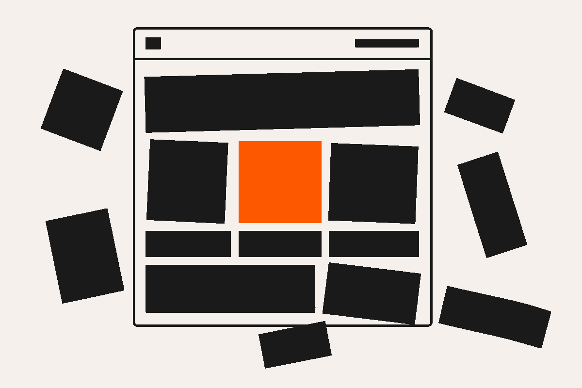 Abstract wireframe webpage with layout blocks tilting loose and sliding off while one orange block stays locked in place
