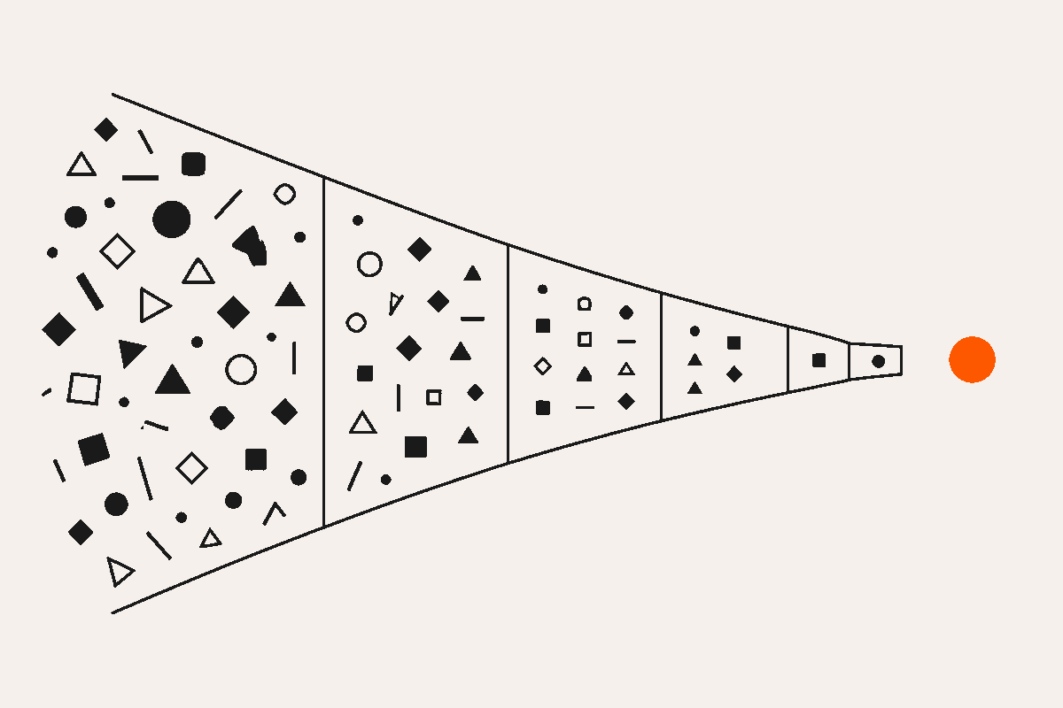 Abstract funnel of geometric shapes narrowing stage by stage to a single orange circle at the narrow end