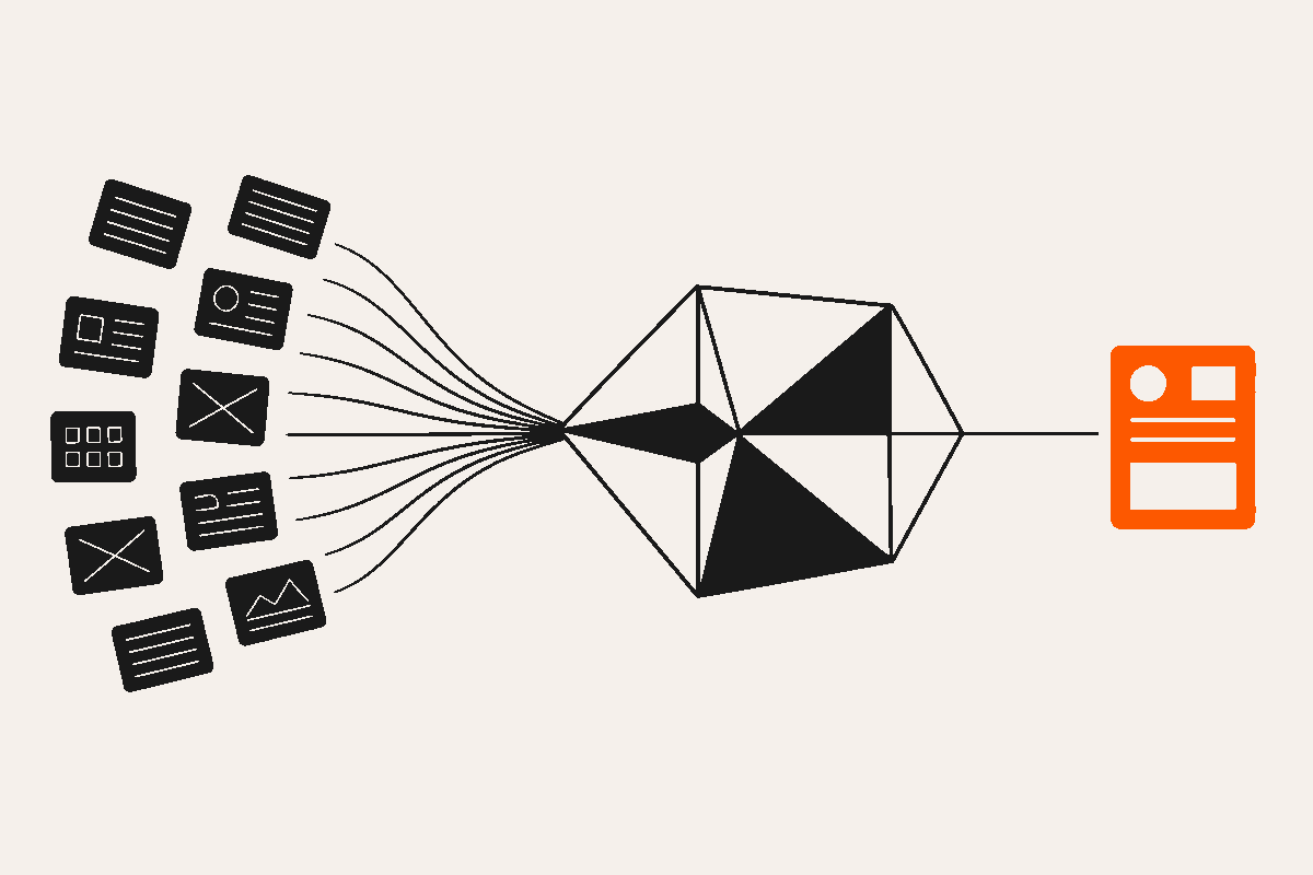 Abstract illustration of document cards flowing into a faceted prism engine that emits a single orange answer card