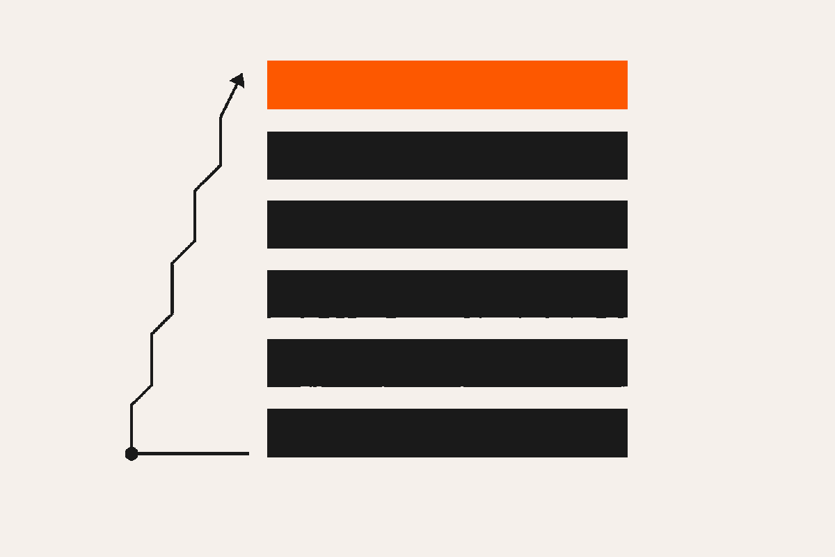 Abstract illustration of a ranked list of search-result bars with one orange bar risen to the top slot