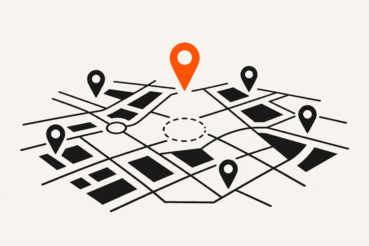 Abstract street map with dark location pins and a dashed empty circle being filled by a single orange pin