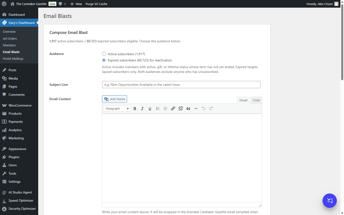 Compose Email Blast composer with audience selector showing 1,917 Active subscribers and 60,723 Expired-for-reactivation, plus subject line and TinyMCE editor