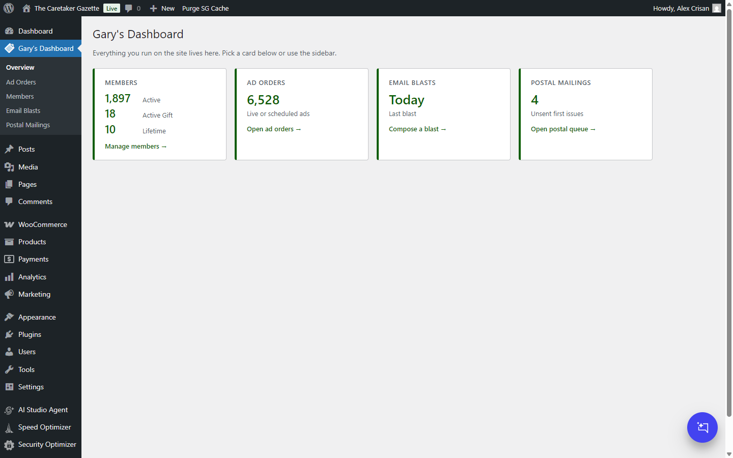 Gary's Dashboard showing member breakdown: 1,897 Active subscribers, 18 Active Gift, 10 Lifetime, plus Ad Orders, Email Blasts, and Postal Mailings cards