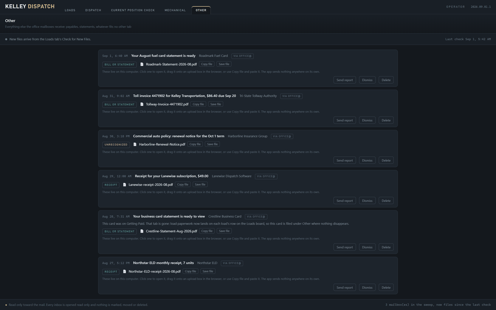 Other tab showing payables cards for fuel, toll, and subscription bills, each with its document and open, copy, save, and dismiss actions